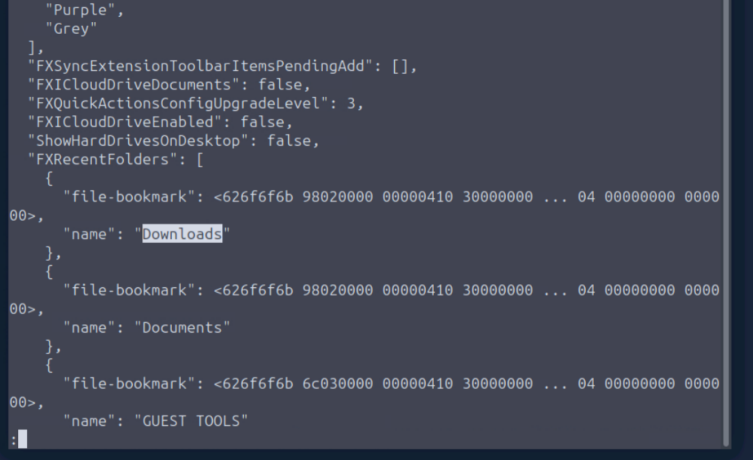 plistutil output showing FXRecentFolders with Downloads as the first entry